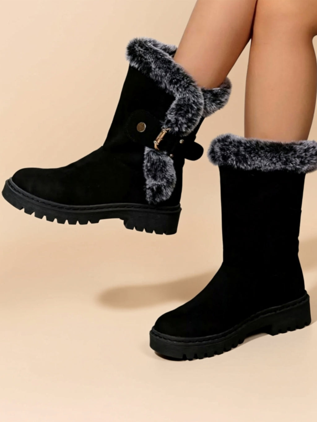 Mid‑Heel Vegan Leather Faux Fur Boots