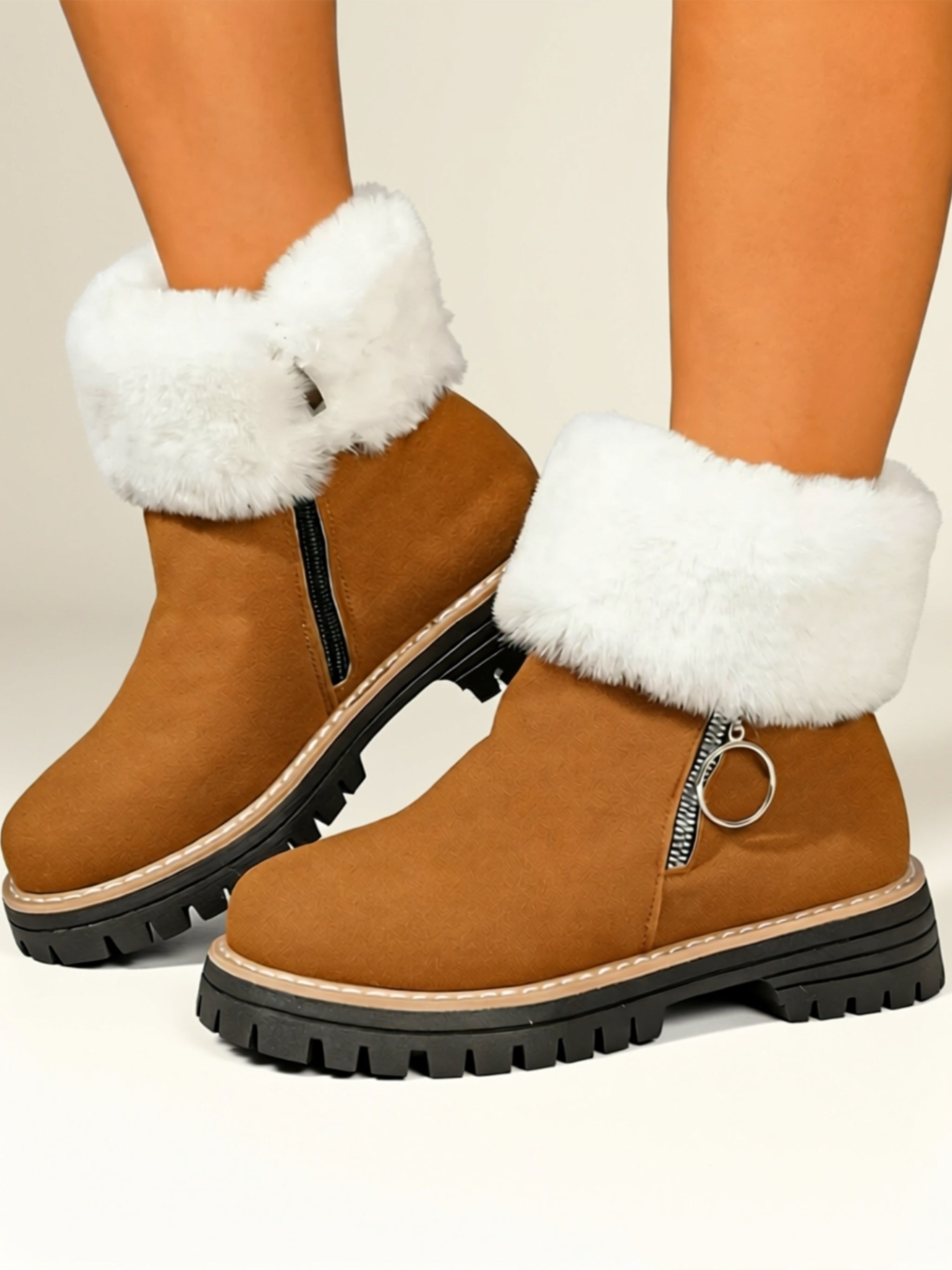 Mid‑Heel Vegan Leather Faux Fur Boots