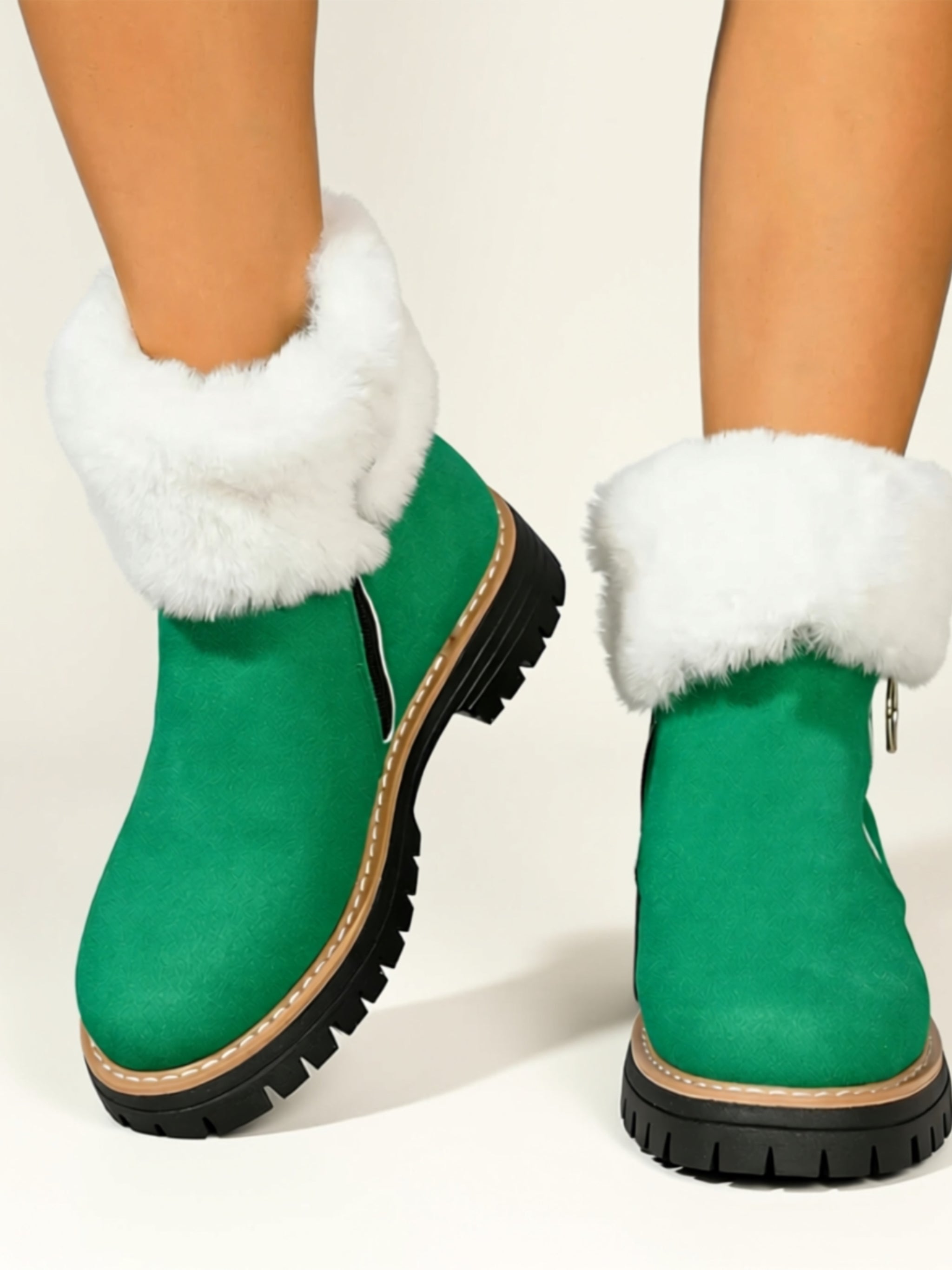 Mid‑Heel Vegan Leather Faux Fur Boots