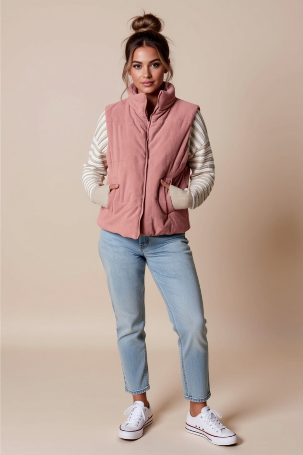 Dusty Pink Zip-Up Vest with Pockets