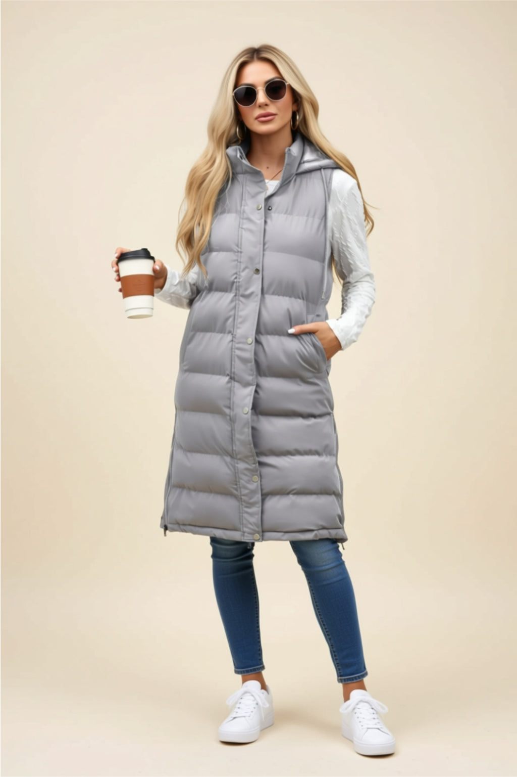 Longline Puffer Vest with Snap Buttons & Pockets