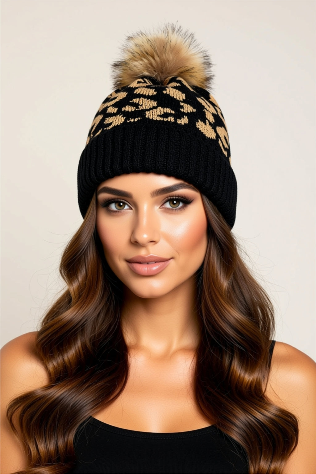 Leopard Print Knit Beanie with Faux Fur Pom