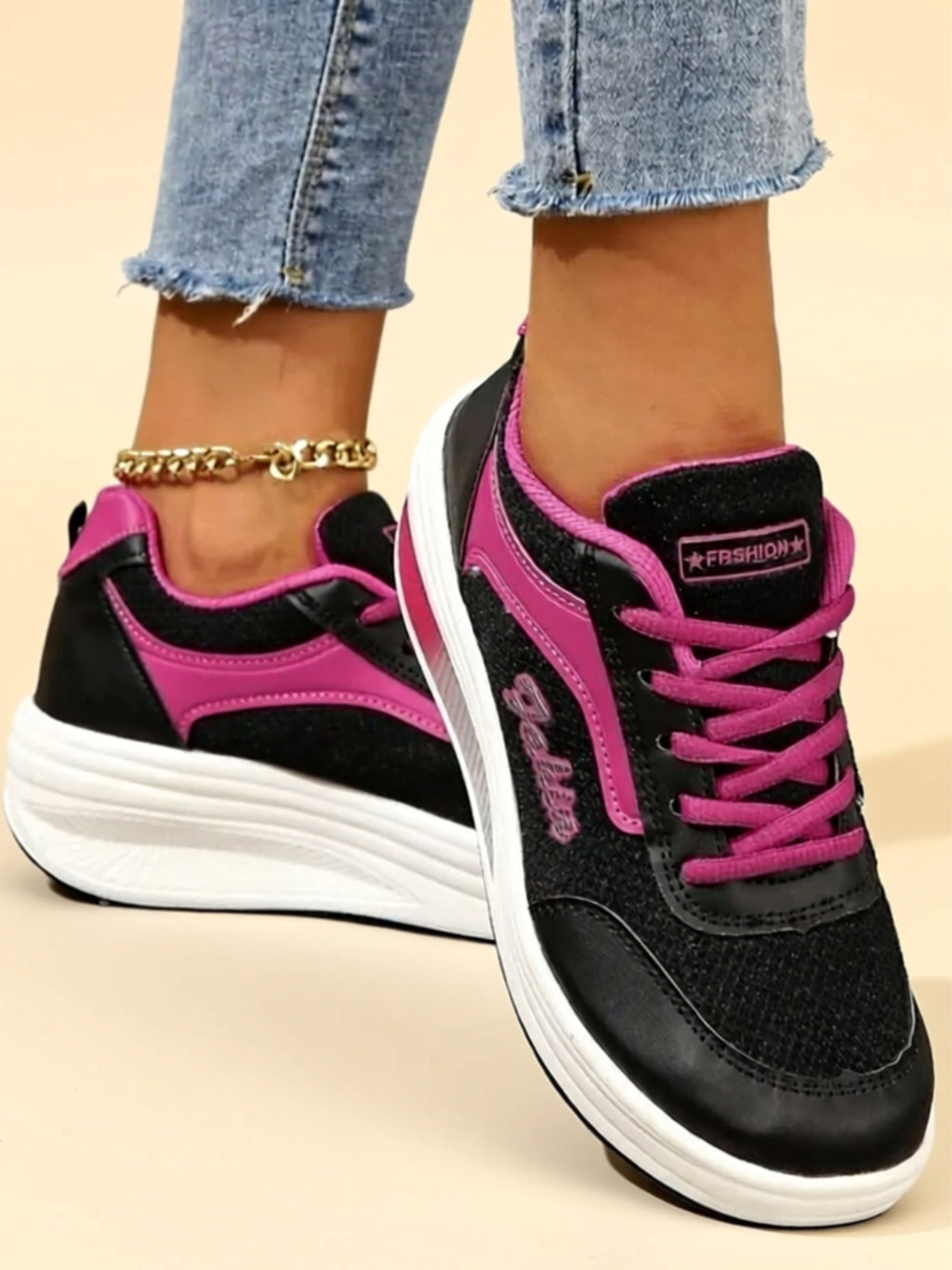 Mesh & Vegan Leather Mid‑Heel Sneakers
