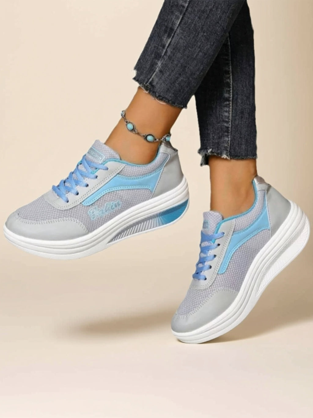 Mesh & Vegan Leather Mid‑Heel Sneakers