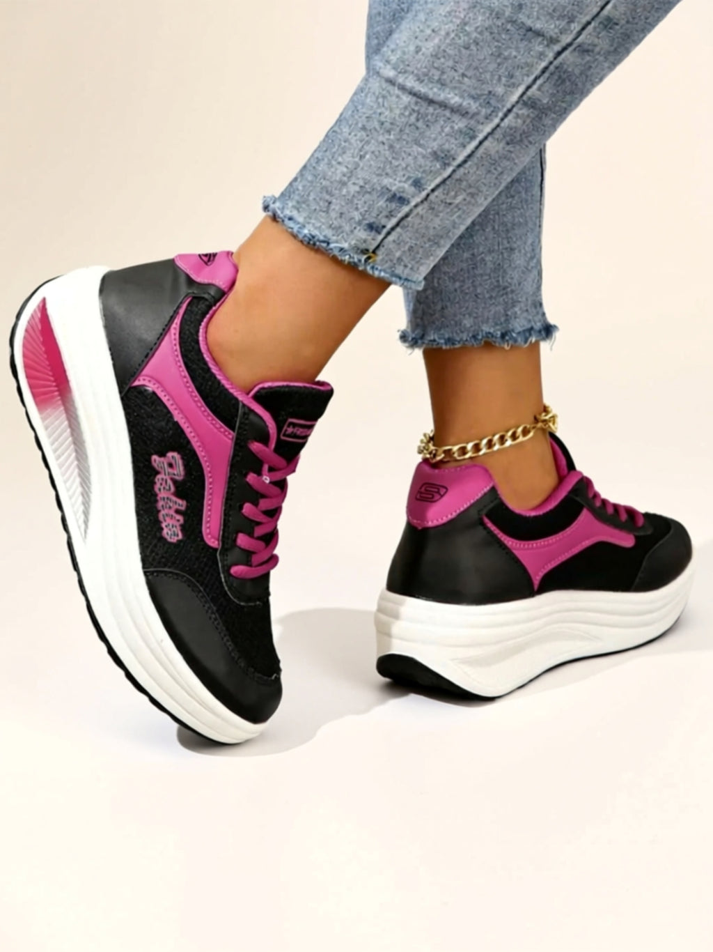 Mesh & Vegan Leather Mid‑Heel Sneakers