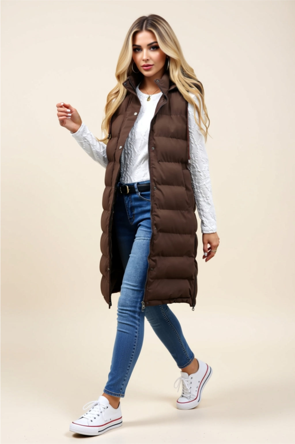 Longline Puffer Vest with Snap Buttons & Pockets