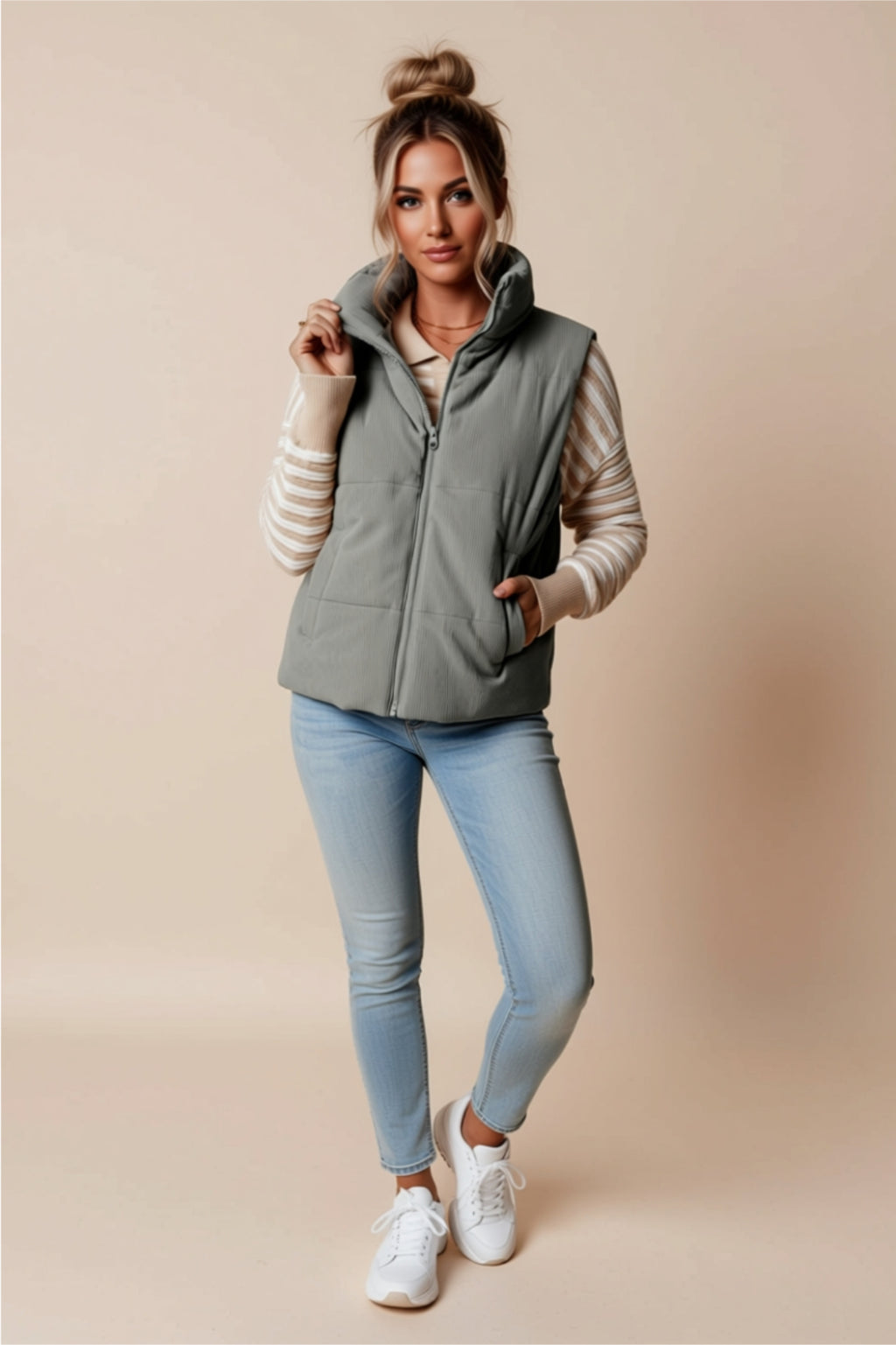 Dusty Pink Zip-Up Vest with Pockets