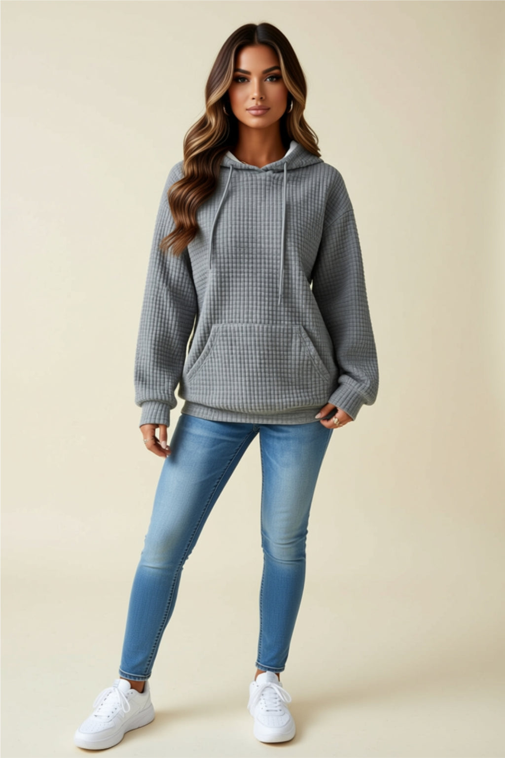 Textured Hooded Pullover with Front Pocket