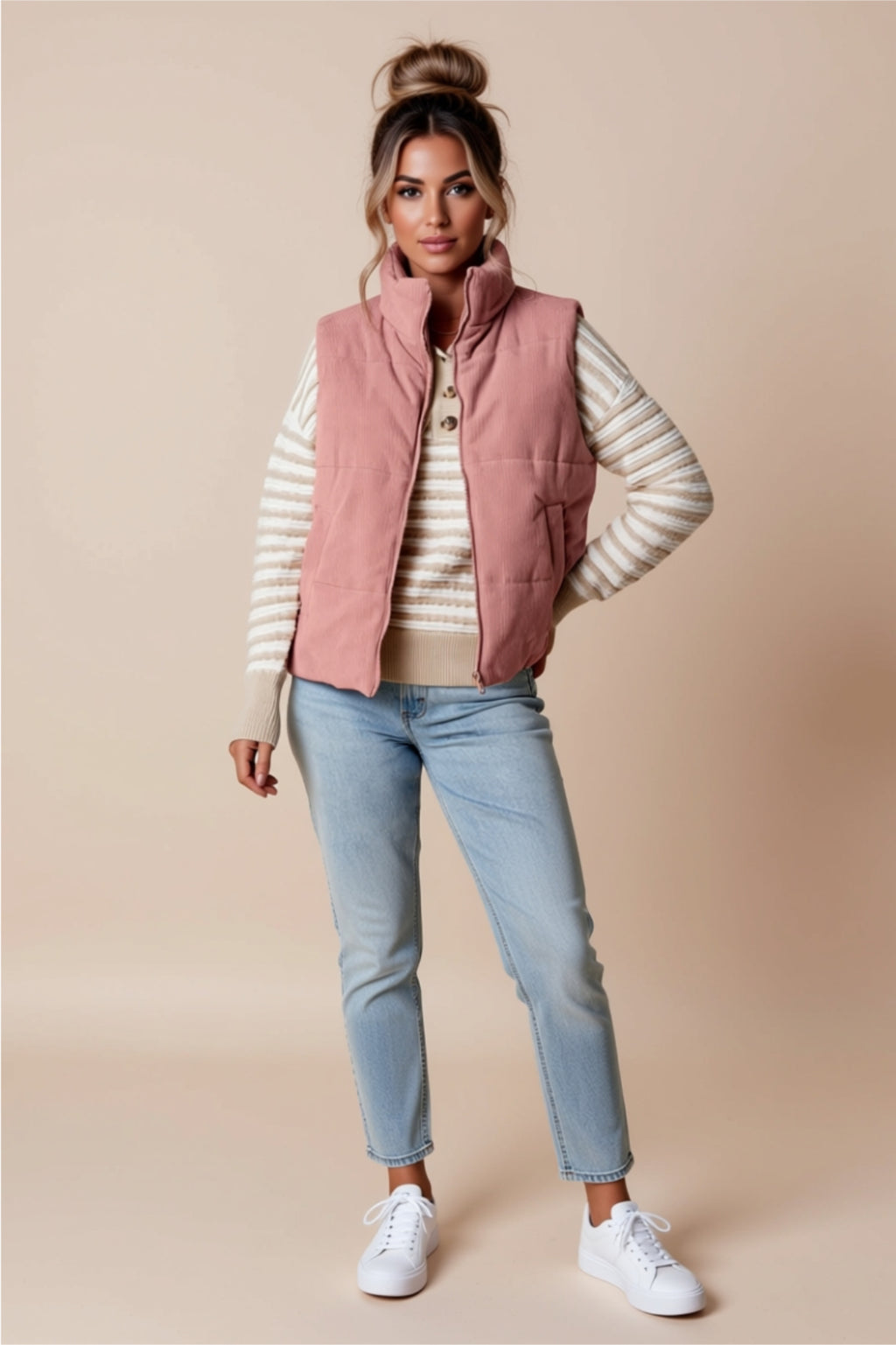 Dusty Pink Zip-Up Vest with Pockets