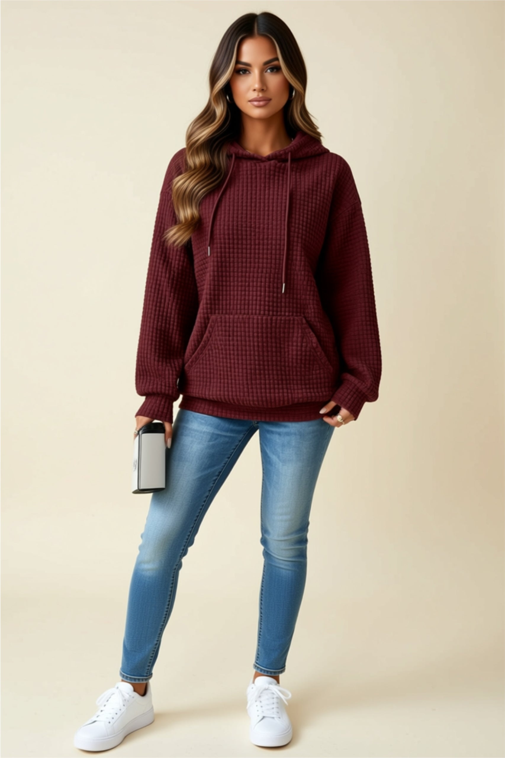 Textured Hooded Pullover with Front Pocket