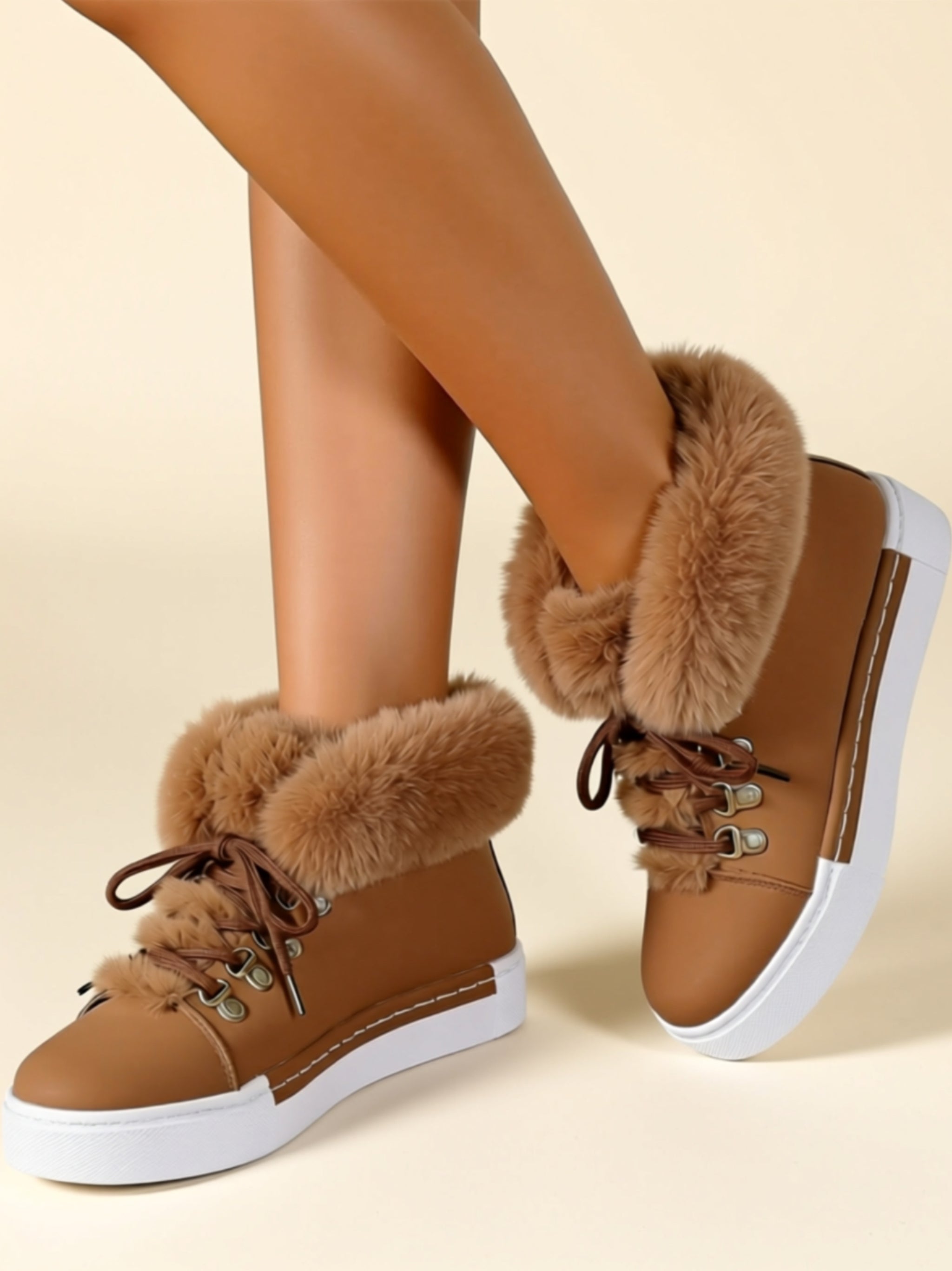 Low‑Heel Vegan Leather Faux Fur Boots