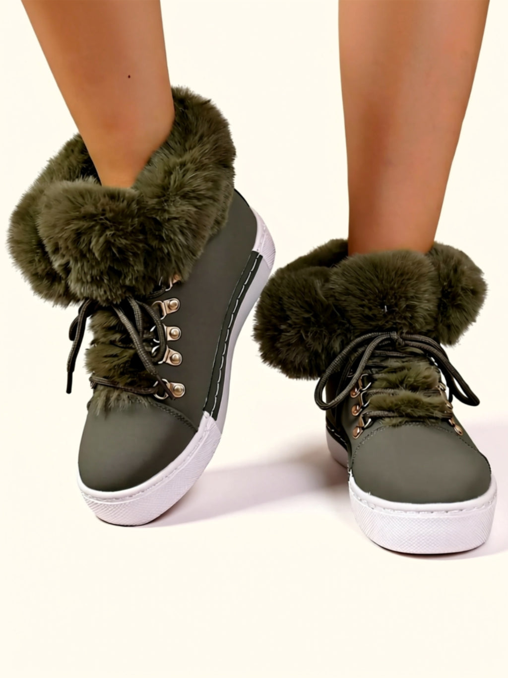 Low‑Heel Vegan Leather Faux Fur Boots