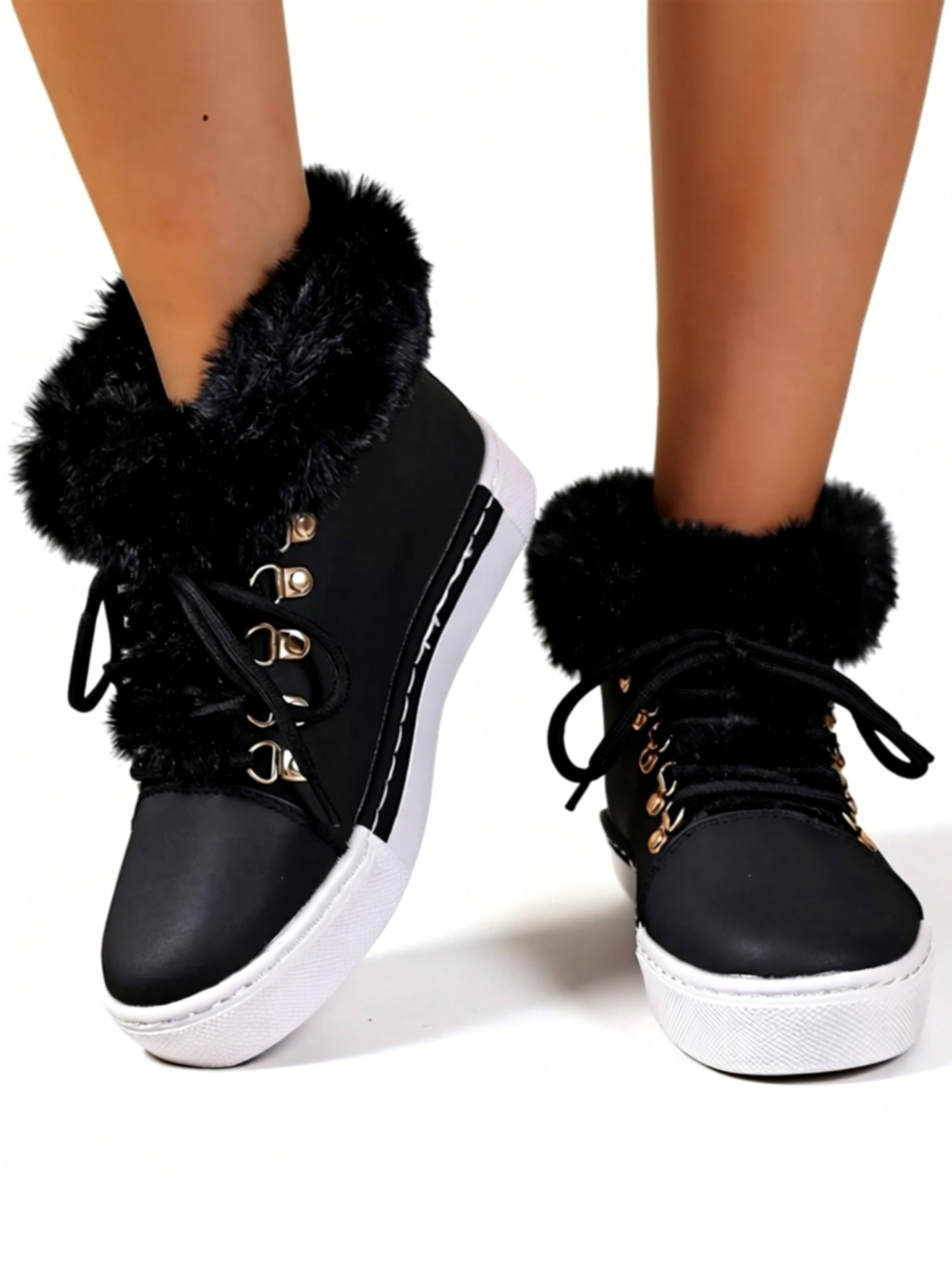 Low‑Heel Vegan Leather Faux Fur Boots