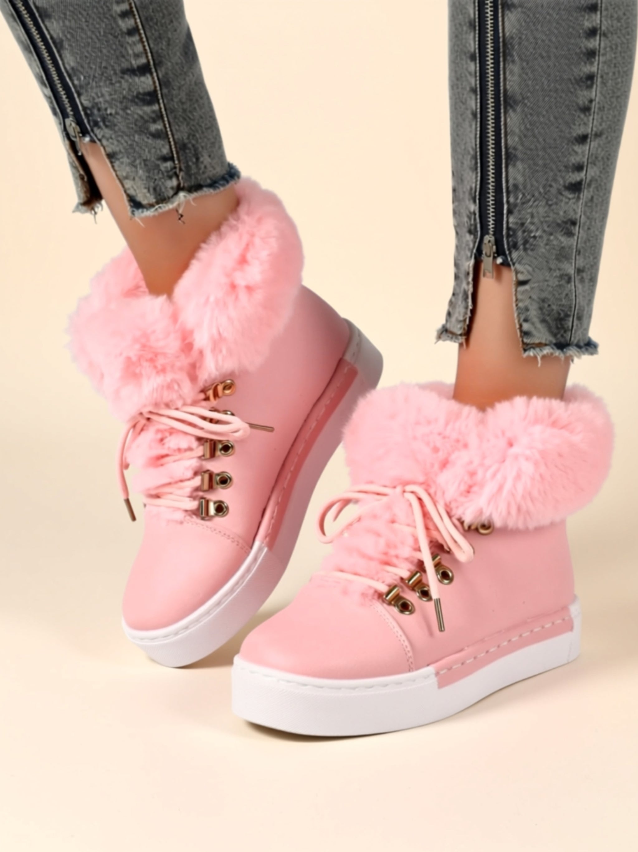 Low‑Heel Vegan Leather Faux Fur Boots