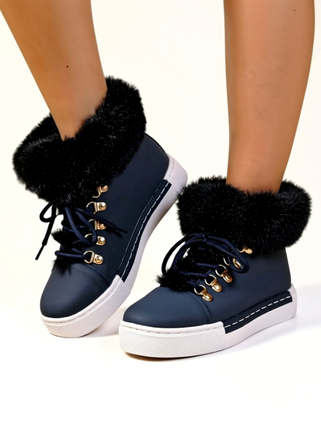 Low‑Heel Vegan Leather Faux Fur Boots