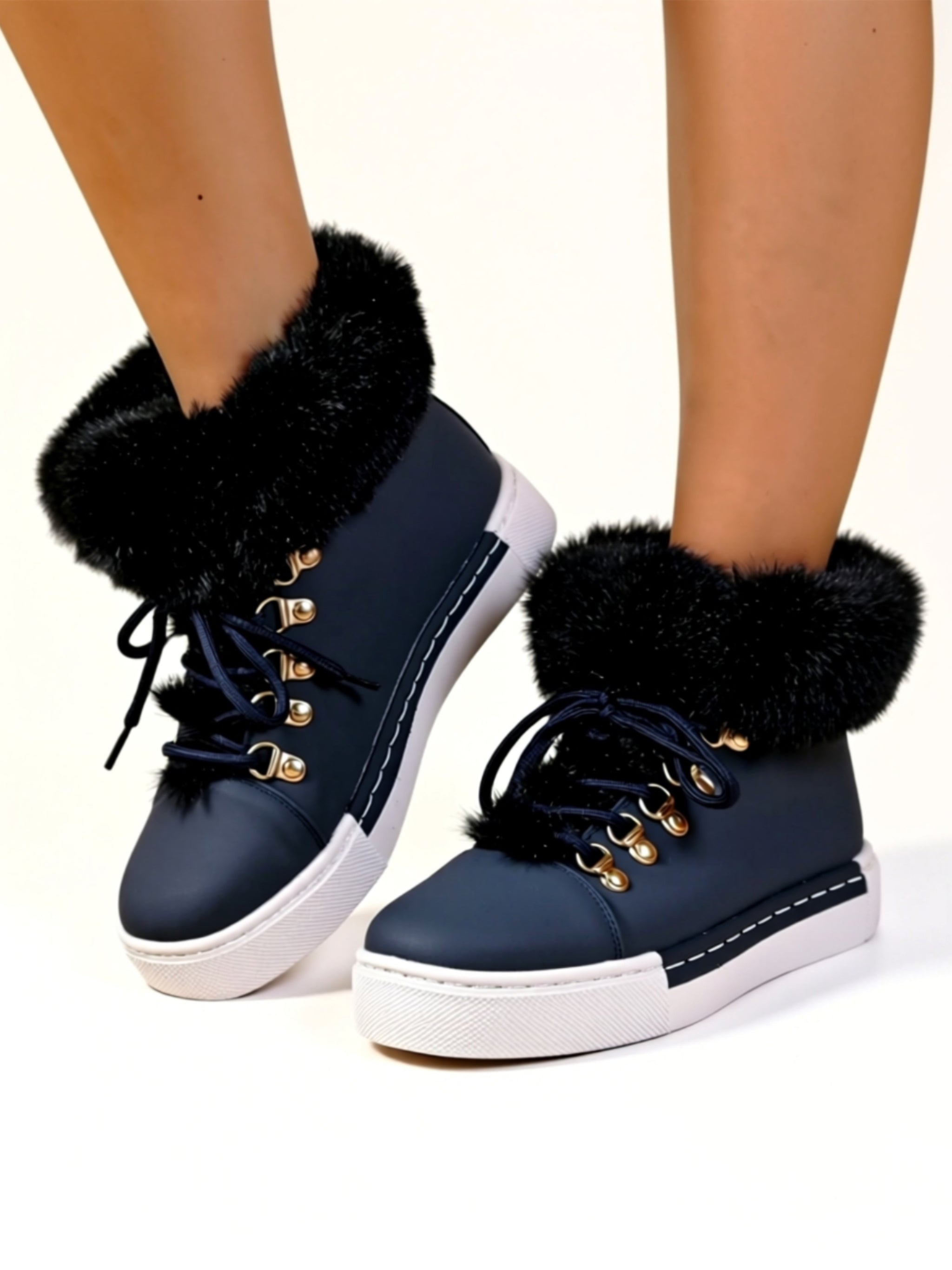 Low‑Heel Vegan Leather Faux Fur Boots