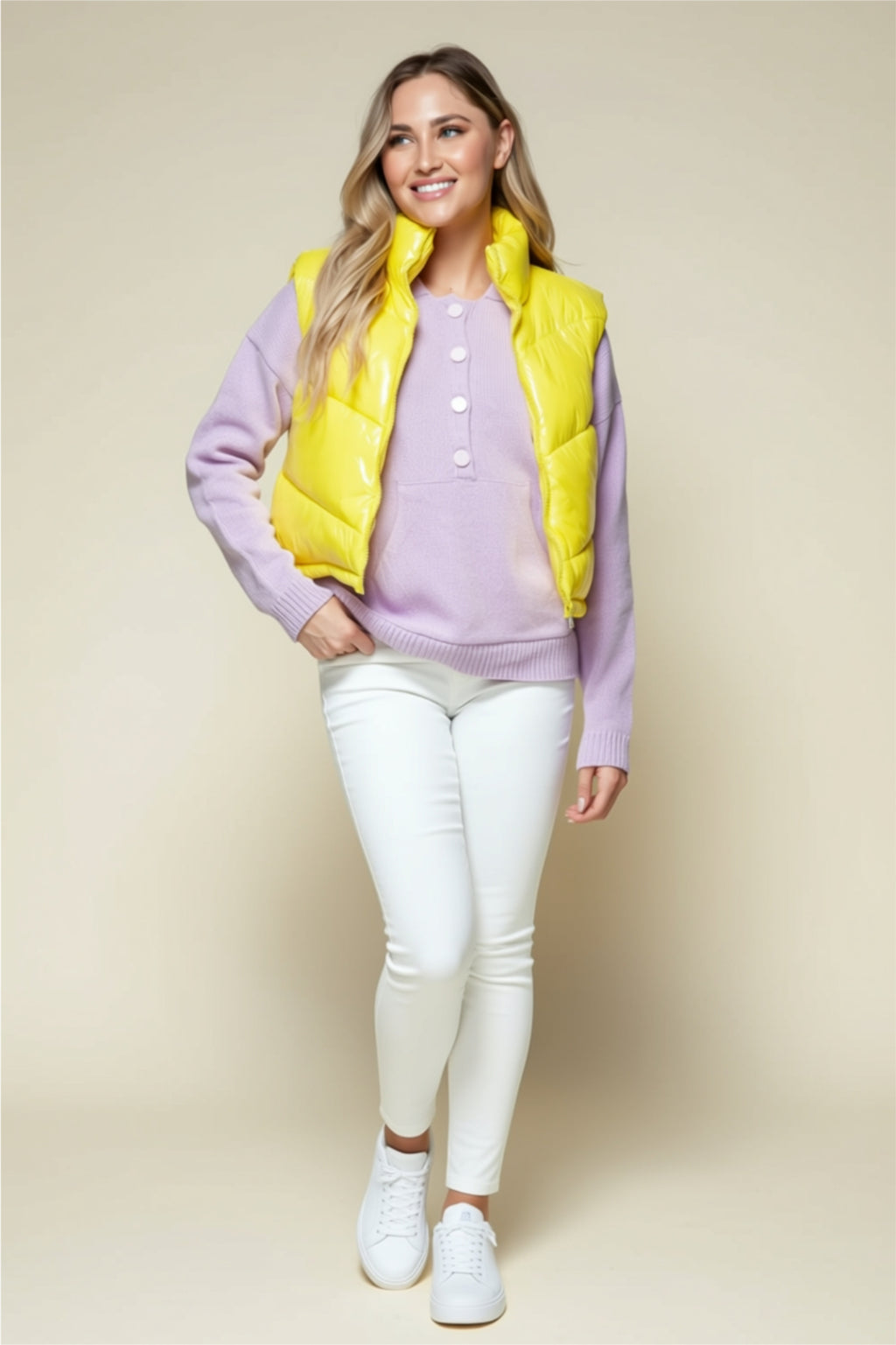 Shiny Puffer Vest with High Collar & Pockets