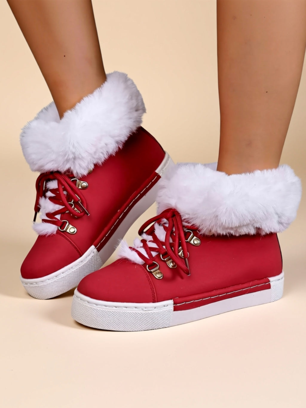 Low‑Heel Vegan Leather Faux Fur Boots