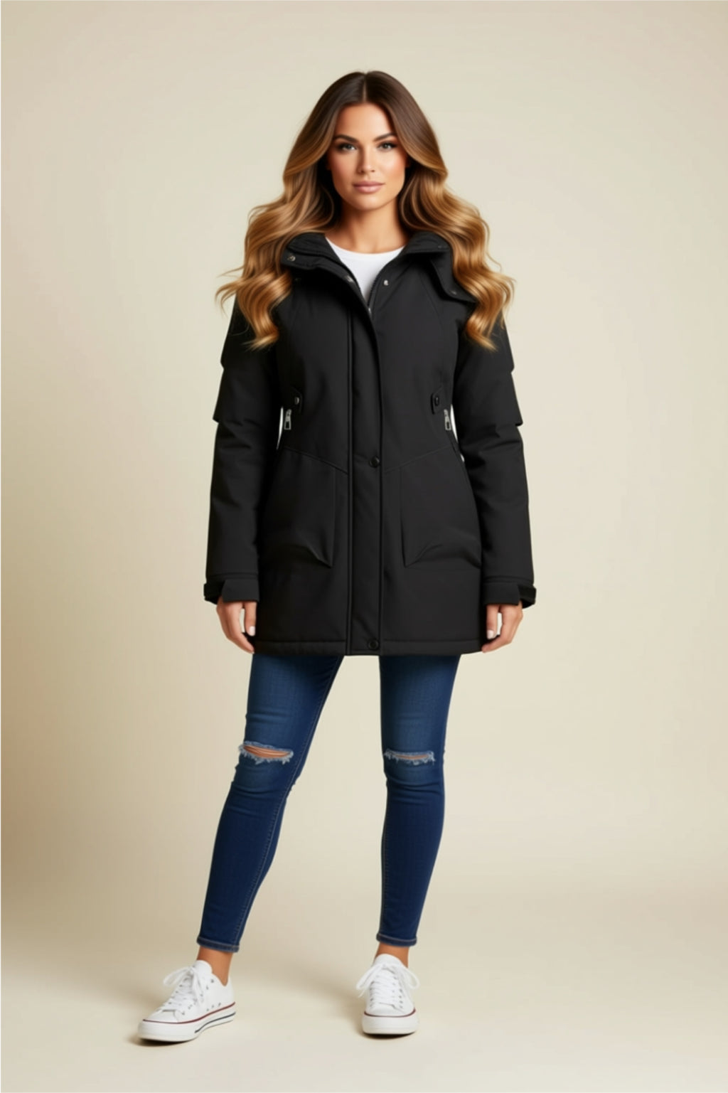 Wasserabweisende geknöpfte Utility-Jacke mit Reißverschluss und Taschen