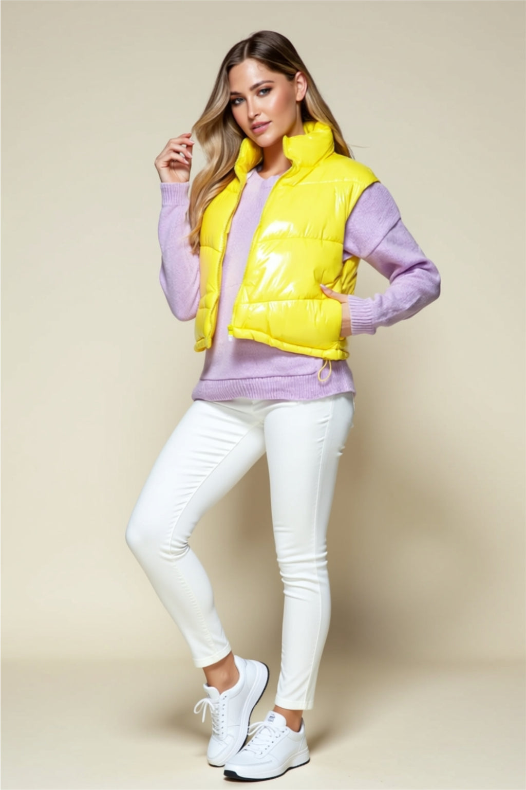 Shiny Puffer Vest with High Collar & Pockets