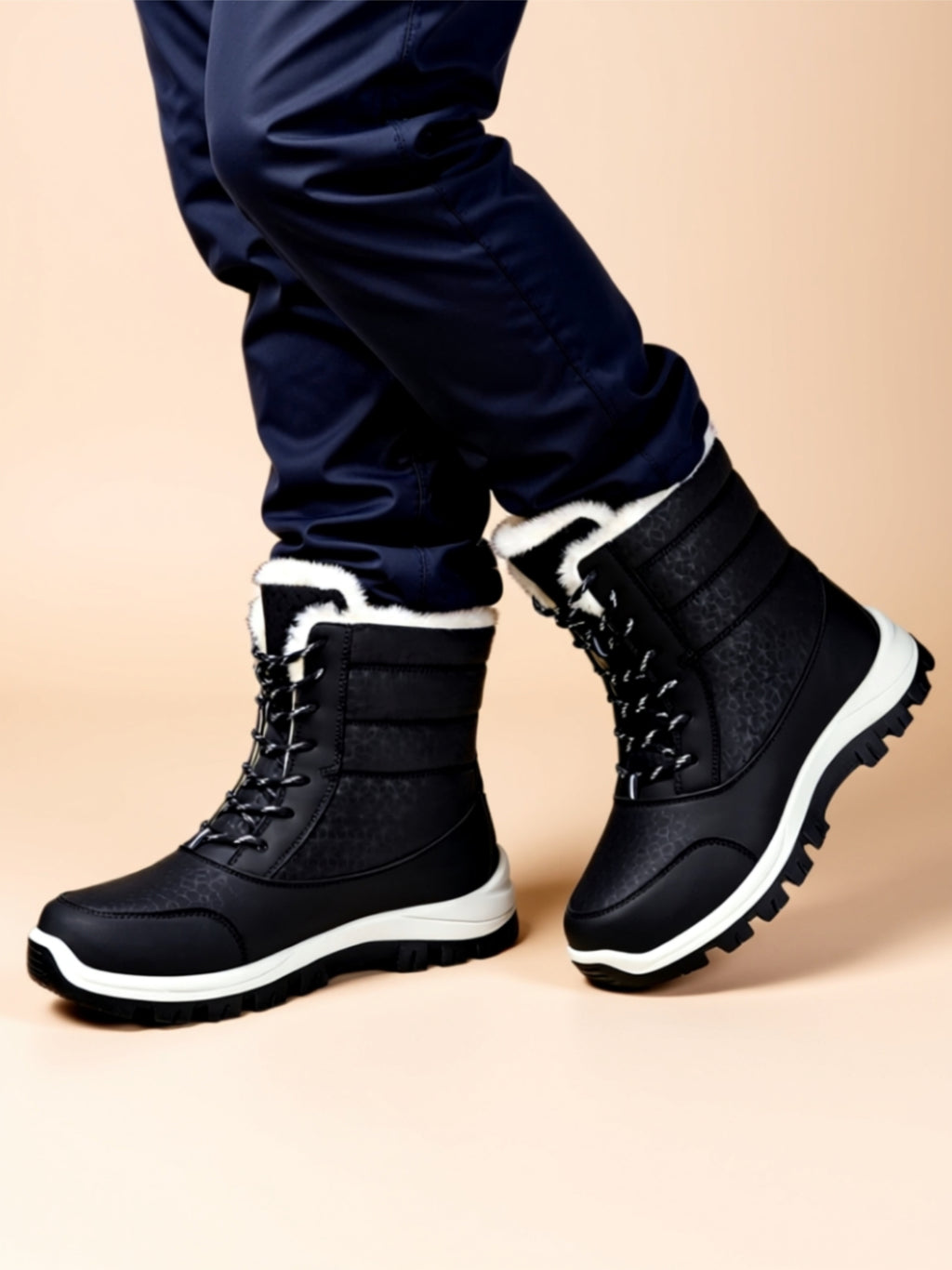 Low‑Heel Vegan Leather Faux Fur Boots