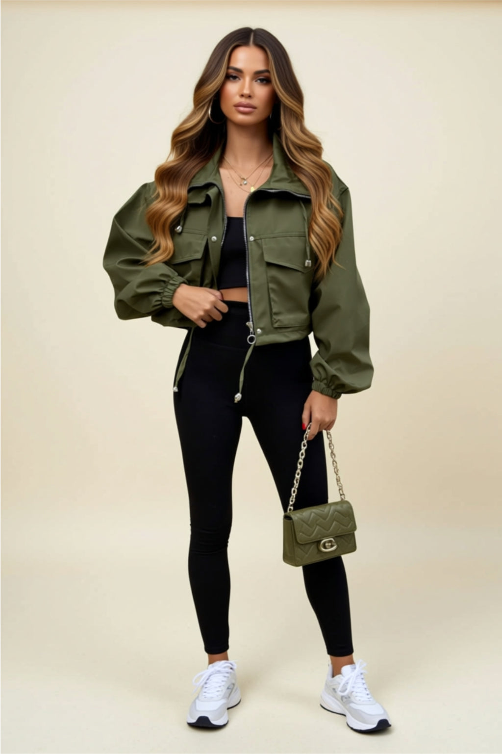 Cropped Utility Jacket with Zipper, Buttons & Drawstring