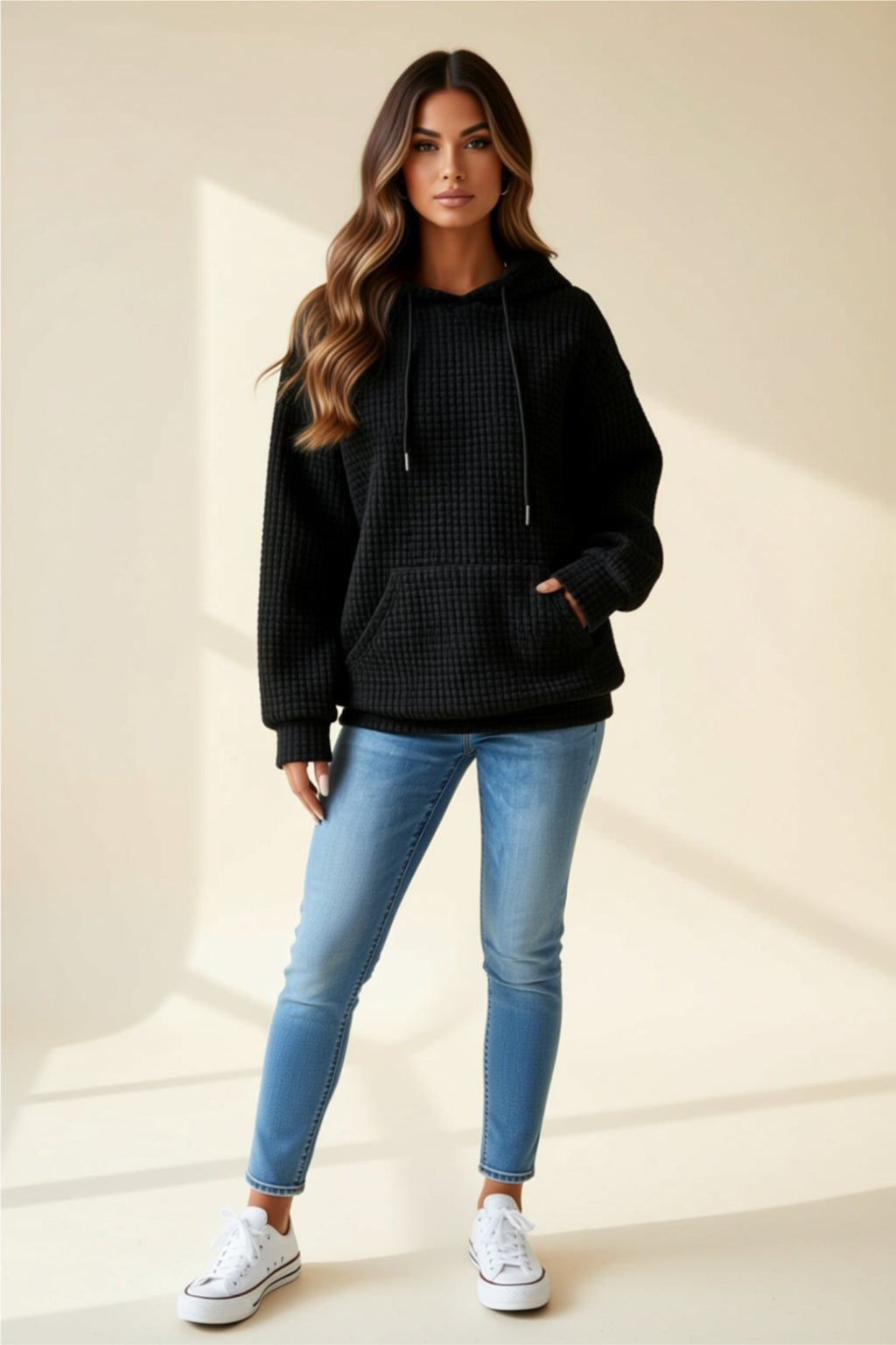 Textured Hooded Pullover with Front Pocket