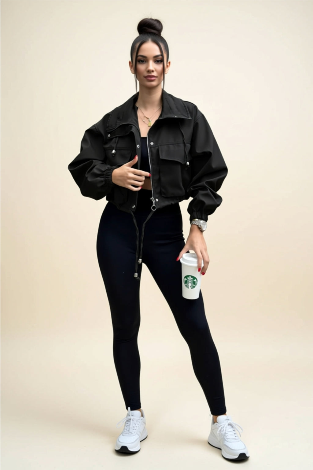 Cropped Utility Jacket with Zipper, Buttons & Drawstring