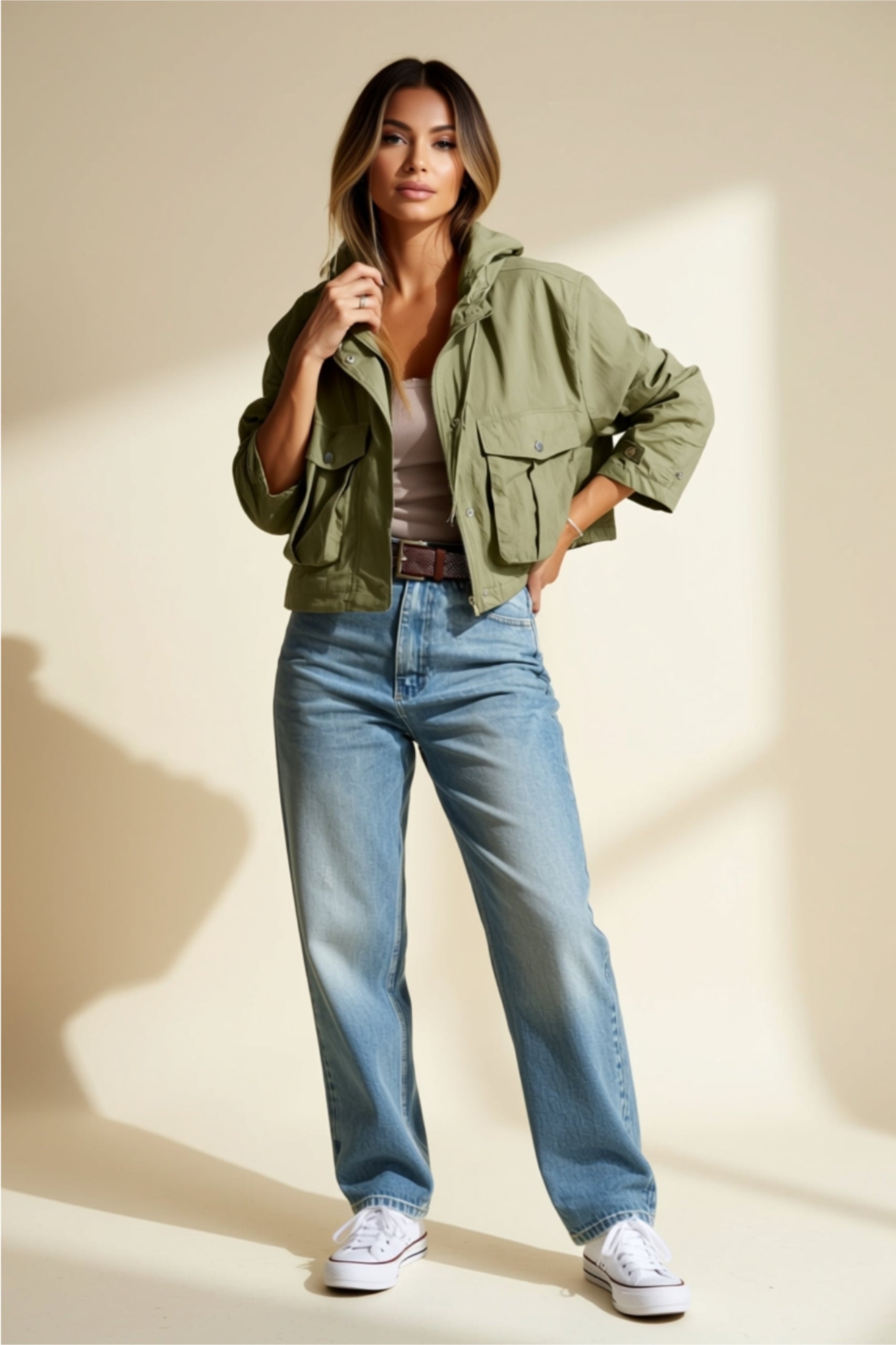 Cropped Utility Jacket with Zipper, Buttons & Drawstring