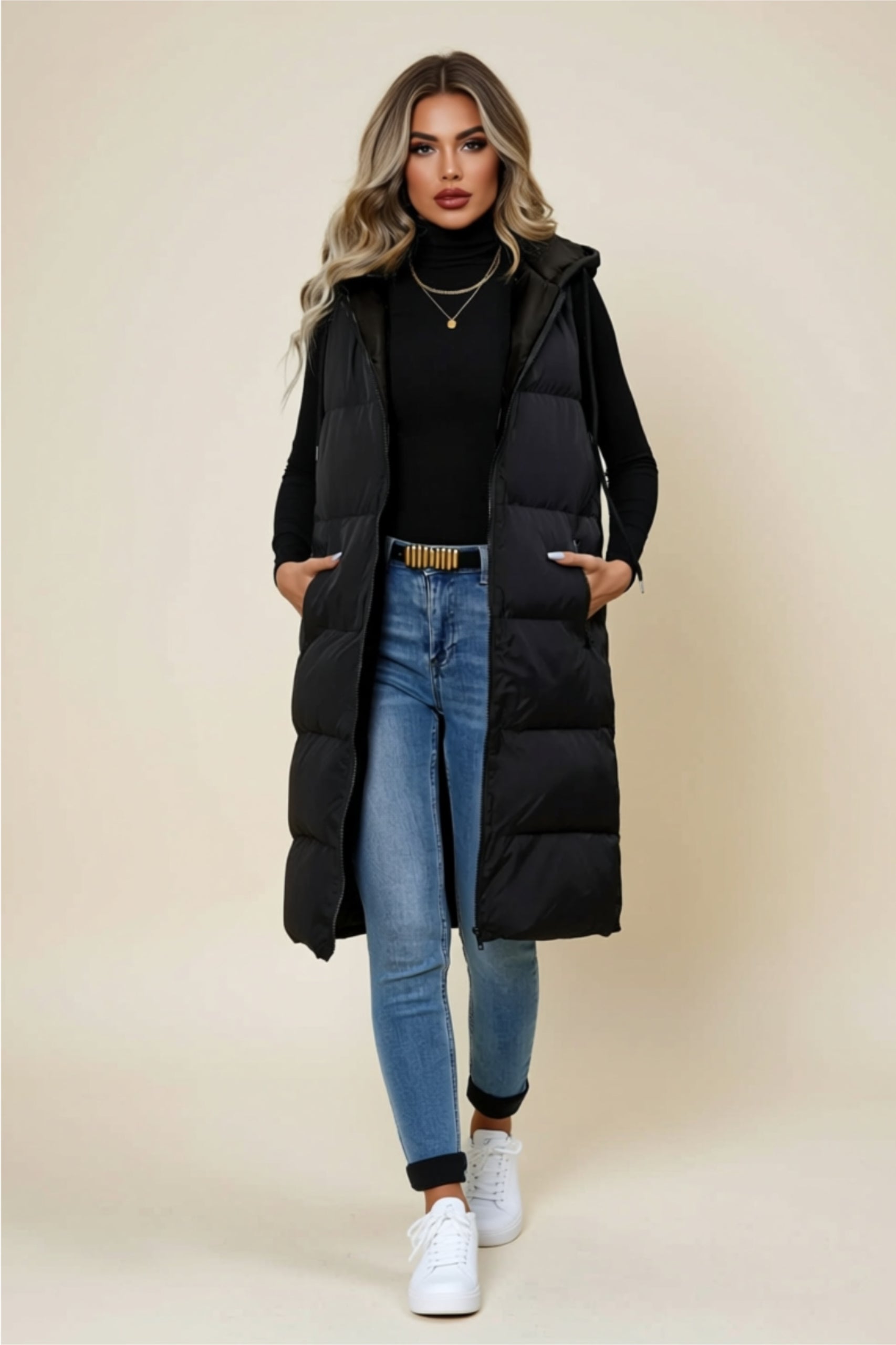 Longline Zip-Up Puffer Vest with Hood & Pockets