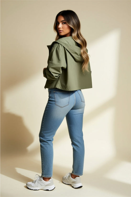 Cropped Utility Jacket with Zipper, Buttons & Drawstring