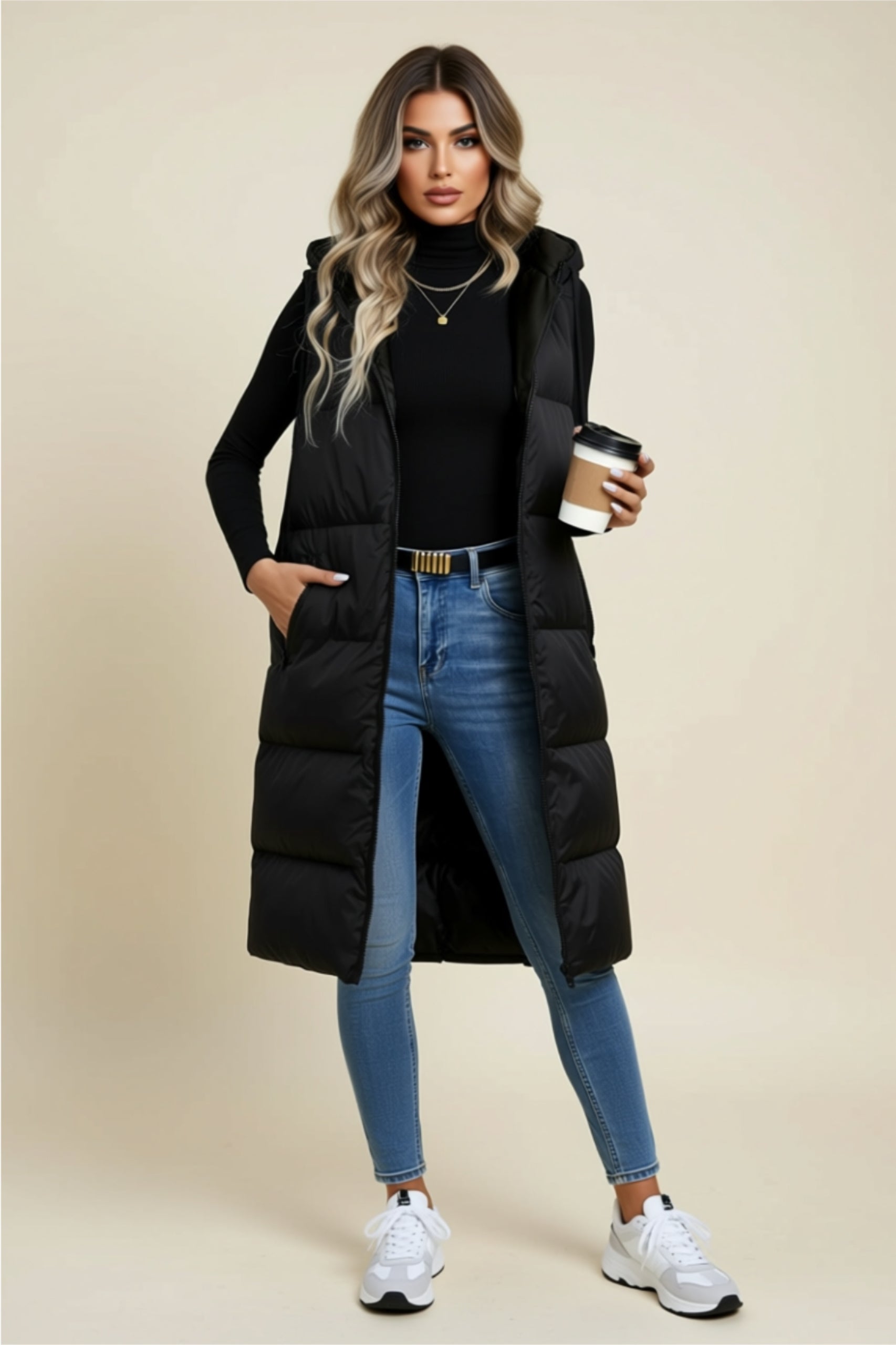 Longline Zip-Up Puffer Vest with Hood & Pockets