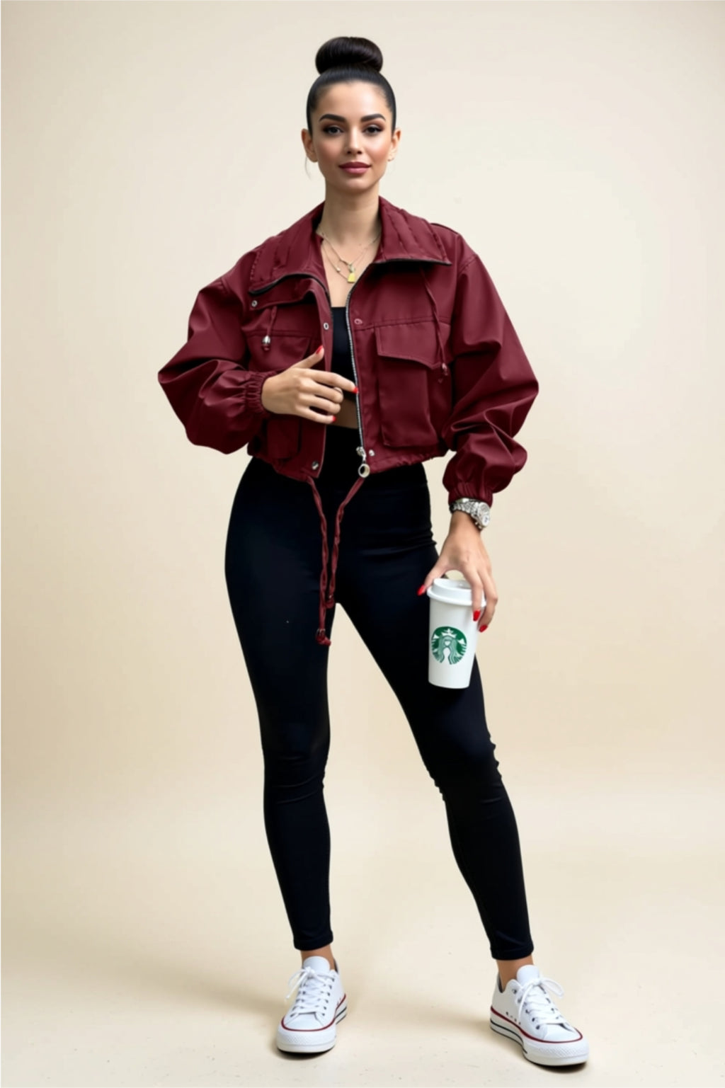 Cropped Utility Jacket with Zipper, Buttons & Drawstring