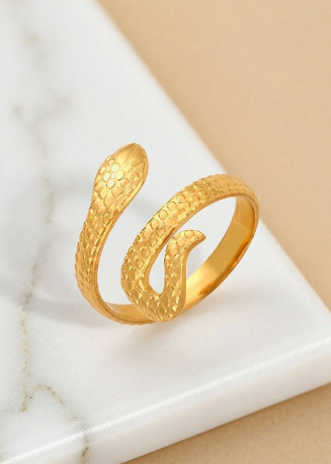 Adjustable Gold-Plated Snake Wrap Ring in Titanium Steel, Size 7