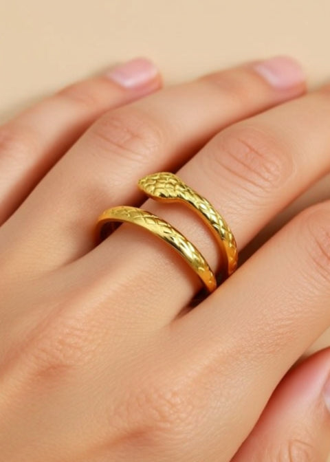 Adjustable Gold-Plated Snake Wrap Ring in Titanium Steel, Size 7