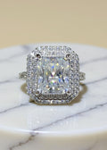 2 Carat Radiant-Cut Moissanite Double Halo Ring in Platinum-Plated Sterling Silver