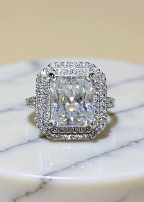 2 Carat Radiant-Cut Moissanite Double Halo Ring in Platinum-Plated Sterling Silver