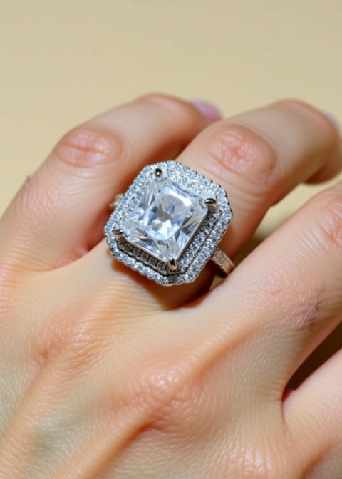 2 Carat Radiant-Cut Moissanite Double Halo Ring in Platinum-Plated Sterling Silver