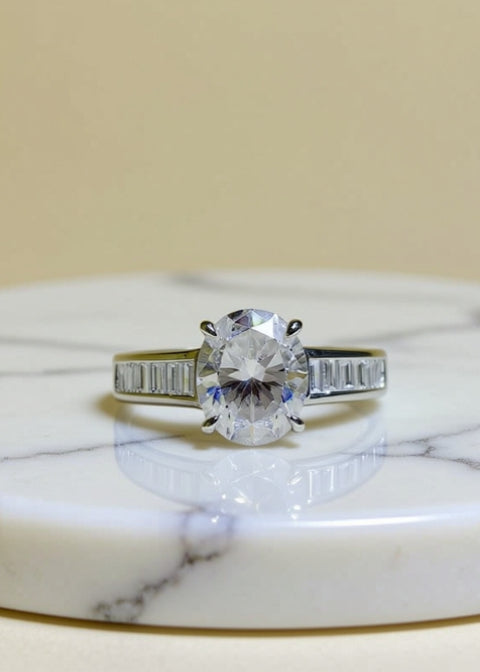 3 Carat Oval-Cut Moissanite Ring with Baguette Accents in .925 Sterling Silver