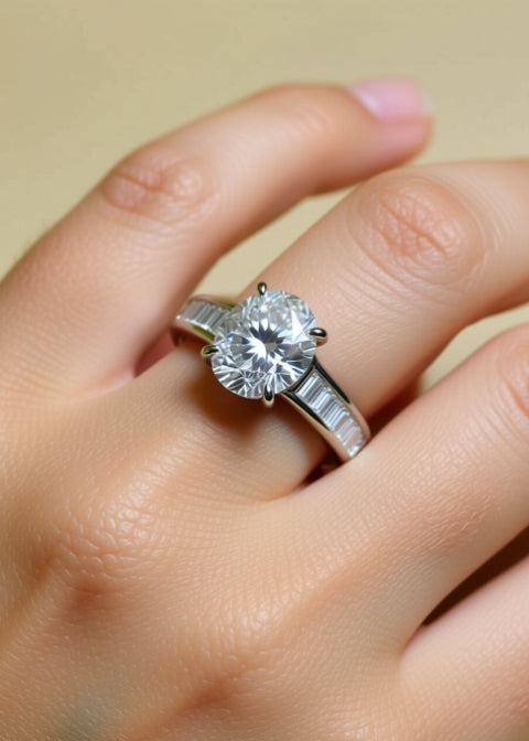 3 Carat Oval-Cut Moissanite Ring with Baguette Accents in .925 Sterling Silver