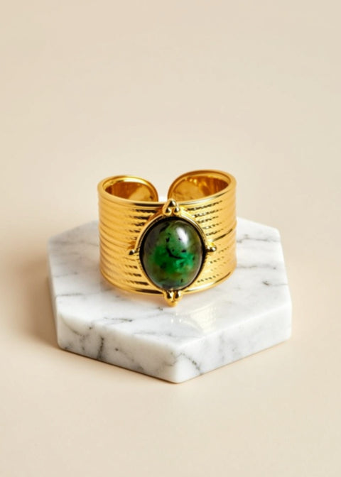 Adjustable Oval Gemstone Statement Ring in Stainless Steel, Tiger Eye, Green Agate or Rose Quartz