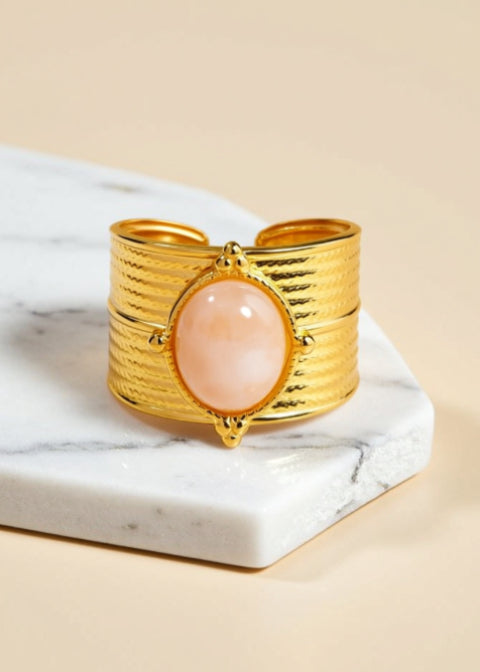 Adjustable Oval Gemstone Statement Ring in Stainless Steel, Tiger Eye, Green Agate or Rose Quartz