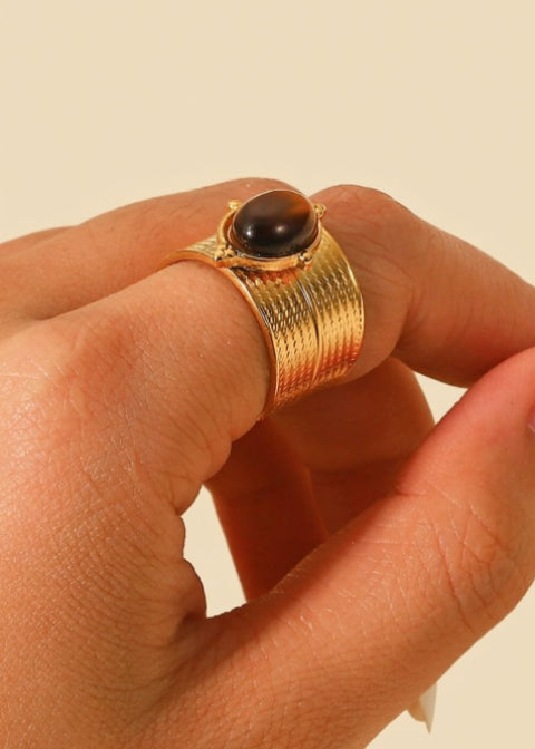 Adjustable Oval Gemstone Statement Ring in Stainless Steel, Tiger Eye, Green Agate or Rose Quartz