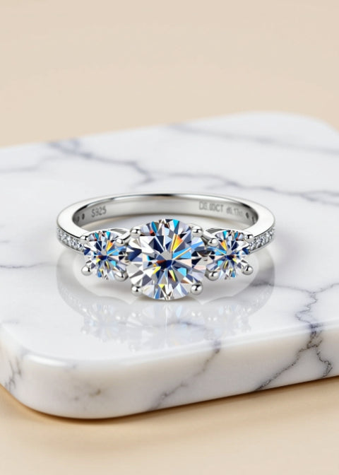 3 Carat Round Moissanite Three-Stone Ring in Platinum-Plated .925 Sterling Silver