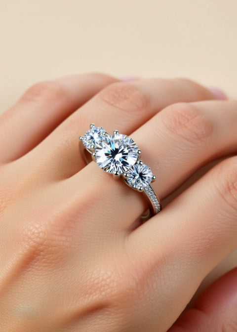 3 Carat Round Moissanite Three-Stone Ring in Platinum-Plated .925 Sterling Silver
