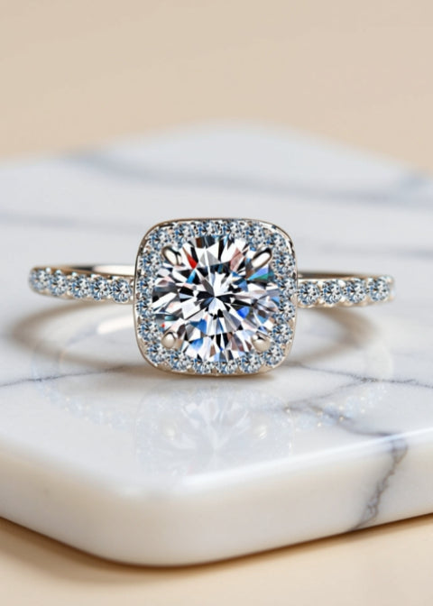 1 Carat Round Moissanite Cushion Halo Ring in Rhodium-Plated .925 Sterling Silver