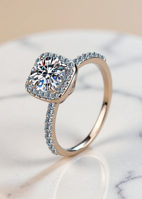 1 Carat Round Moissanite Cushion Halo Ring in Rhodium-Plated .925 Sterling Silver