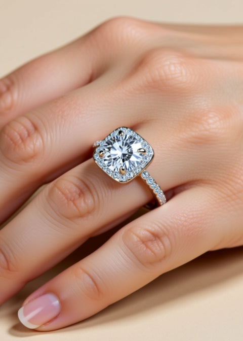 1 Carat Round Moissanite Cushion Halo Ring in Rhodium-Plated .925 Sterling Silver