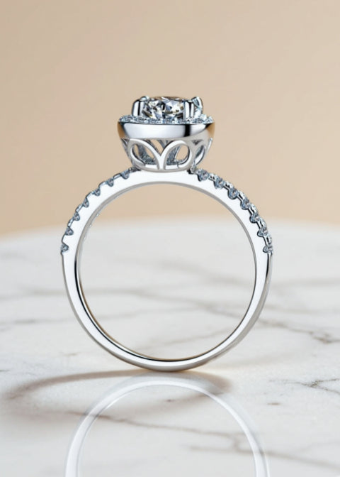 1 Carat Round Moissanite Cushion Halo Ring in Rhodium-Plated .925 Sterling Silver