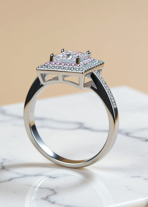 1 Carat Square-Cut Moissanite Ring with Pink Zircon Double Halo in Sterling Silver